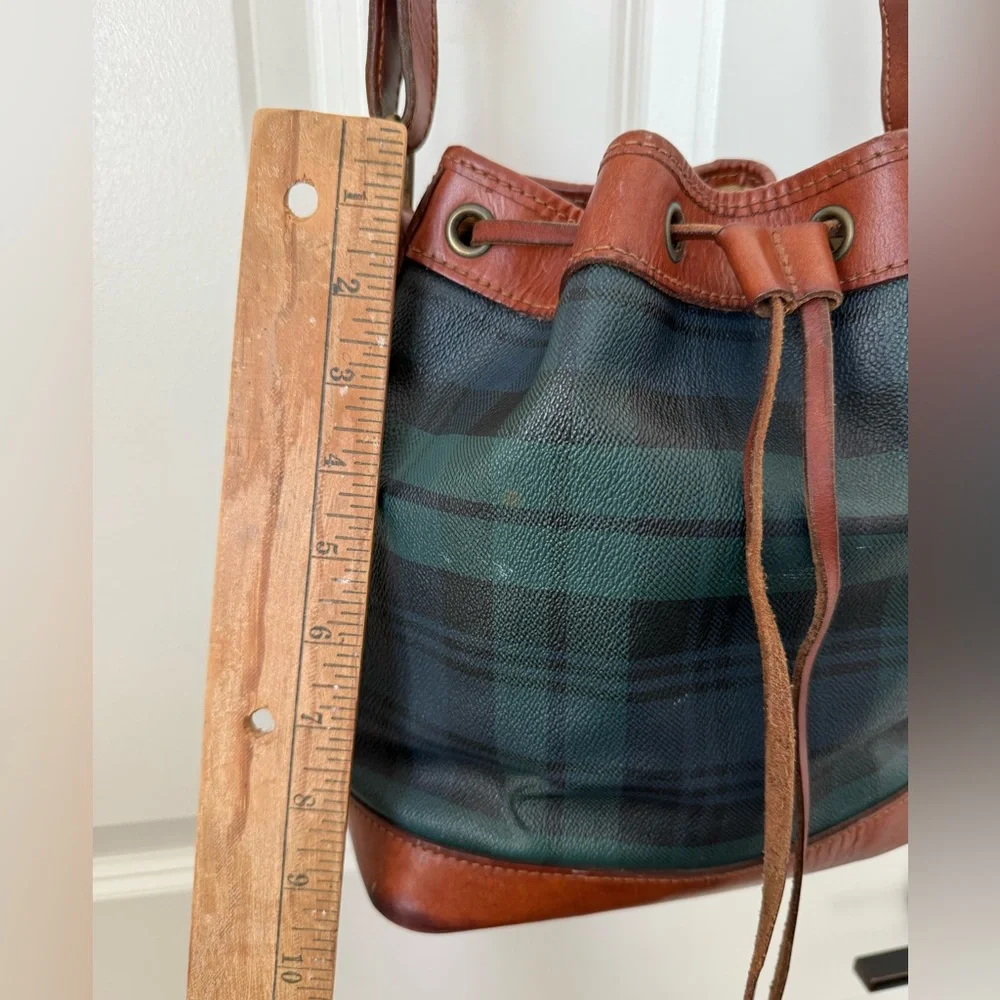 Vintage Polo RALPH LAUREN Green Tartan Plaid Leather Drawstring Bucket Bag 90s - Picture 15 of 16